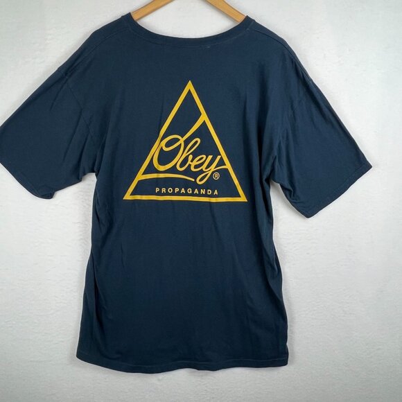 OBEY Propaganda Mens Blue Yellow Logo Graphic Printed Tee Size L Short Sleeve - Picture 2 of 12